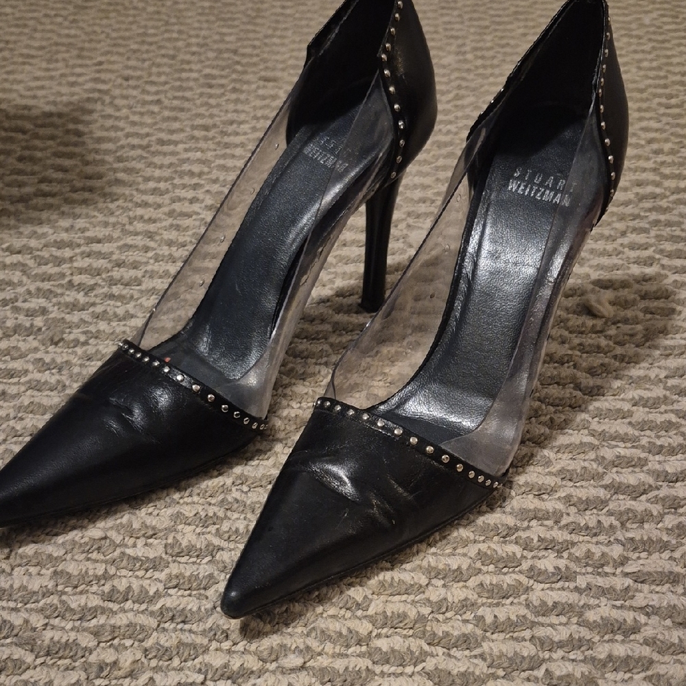 Stuart Weitzman Black and Clear Studded Heels